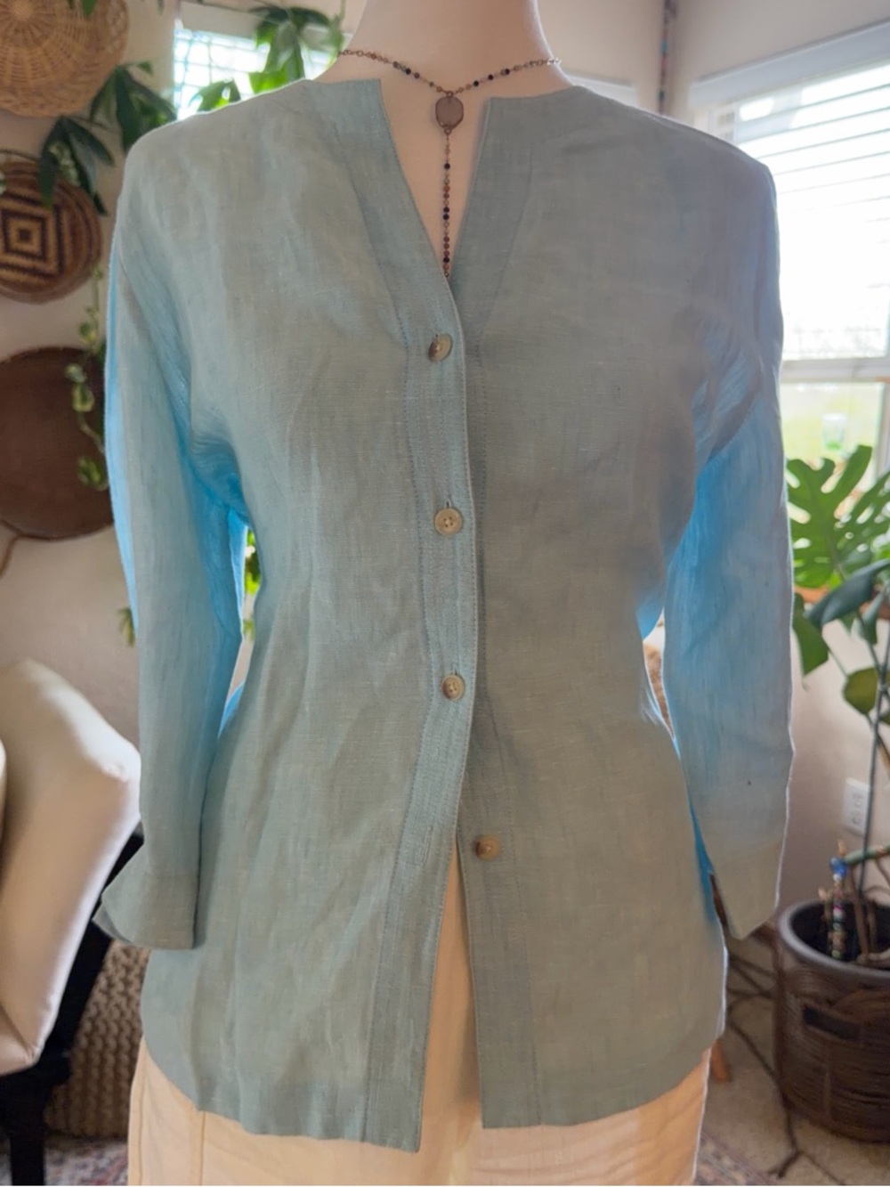 Linen Light Blue Beach Spring Summer Blouse Petite Sophisticate Women’s S